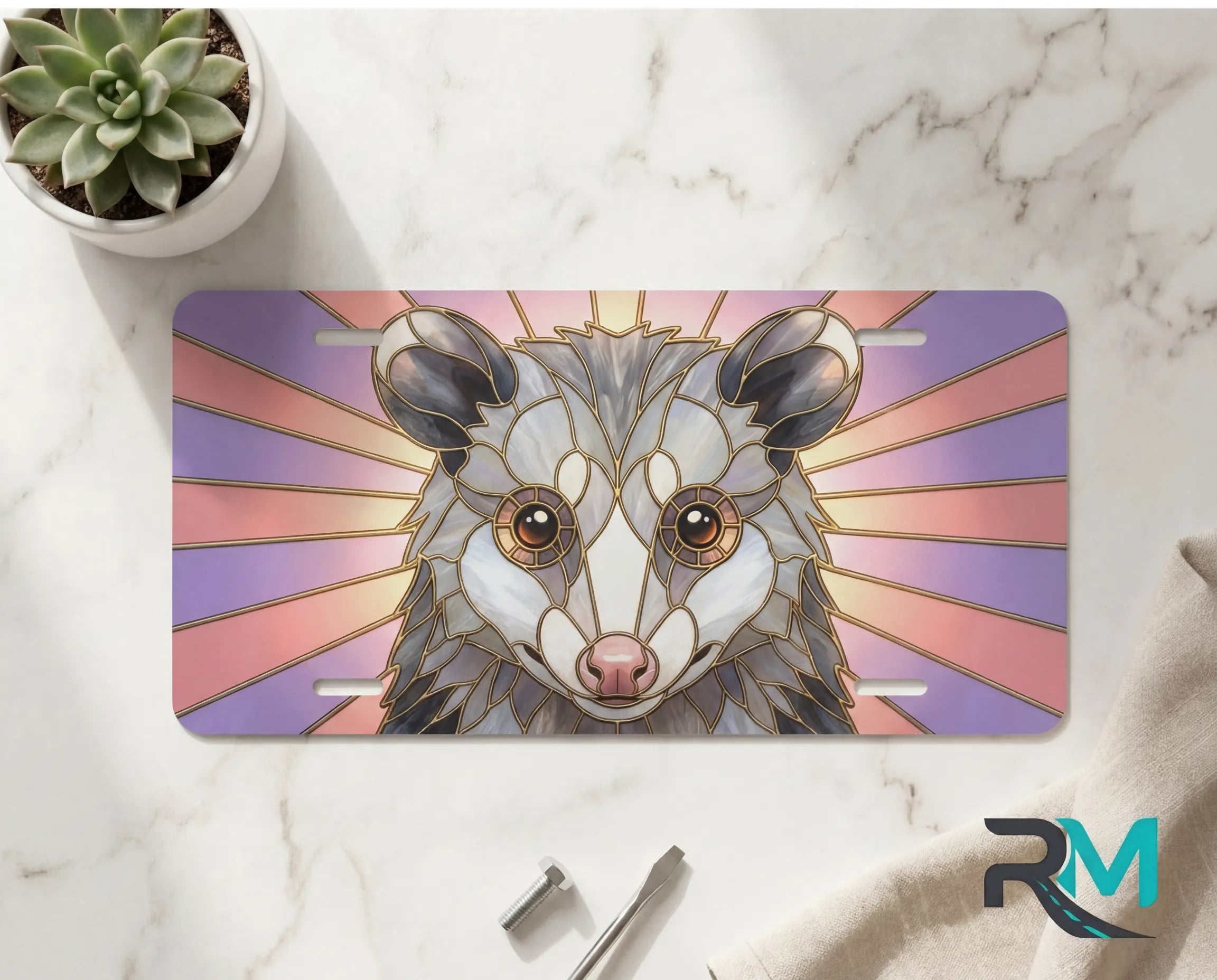 possum portrait vanity plate on marble surface — soft pastel pink lavender decorative animal plate