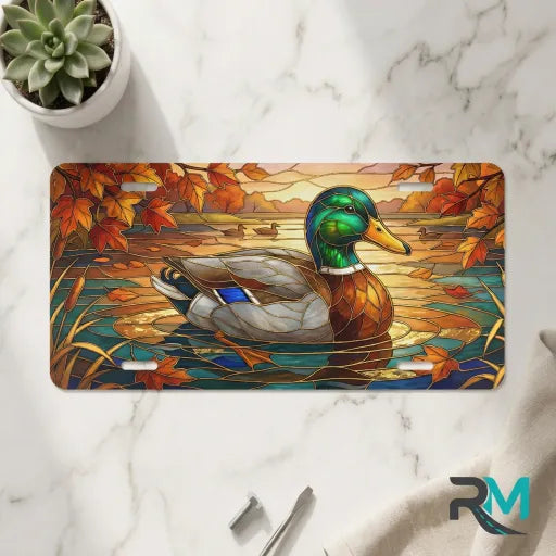 mallard duck vanity plate on marble surface — emerald mallard autumn amber pond decorative plate