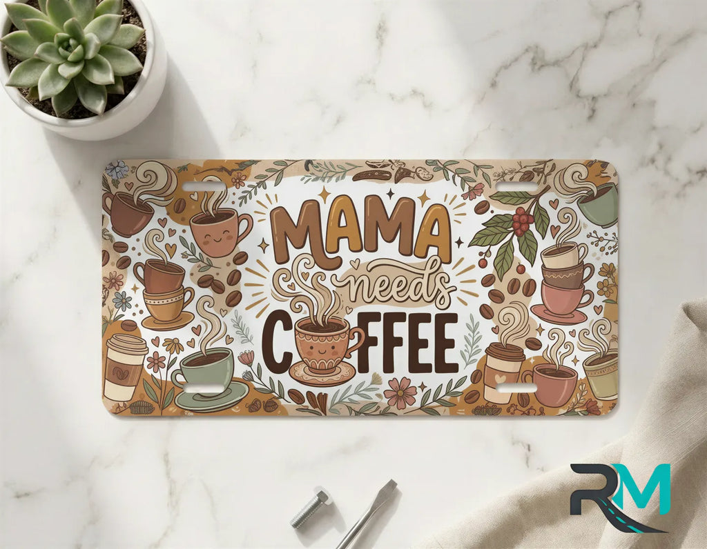 mama needs coffee neutral vanity plate on marble surface — taupe cream decorative coffee plate