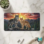 sunset wolves vanity plate on marble surface — jewel tone wolves sunrise mountain decorative plate