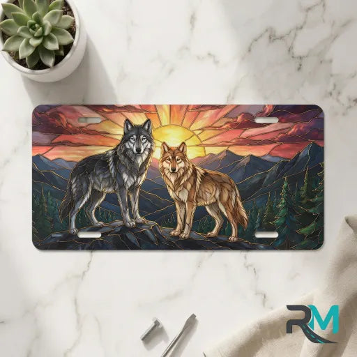 sunset wolves vanity plate on marble surface — jewel tone wolves sunrise mountain decorative plate