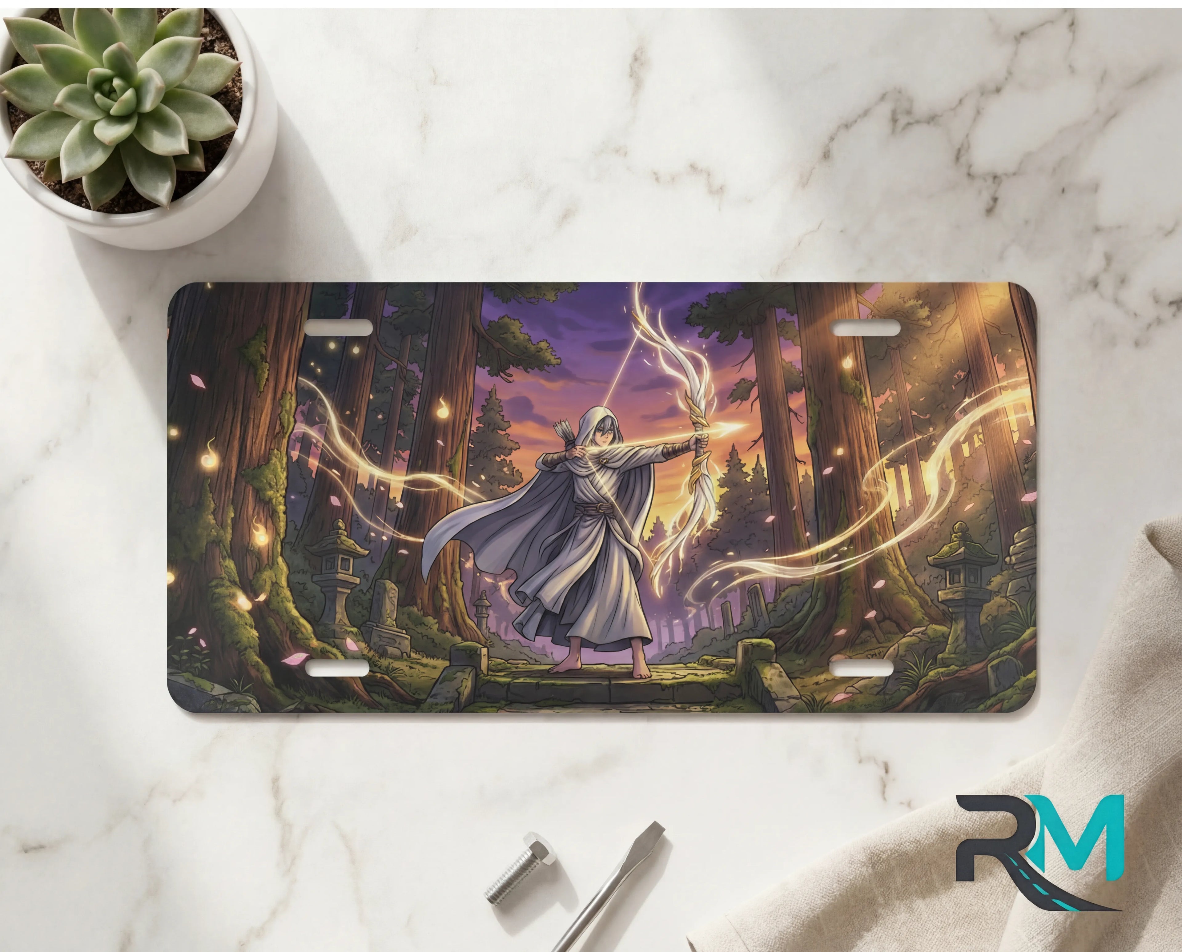 forest wizard vanity plate on marble surface — deep purple gold wizard glowing magic decorative plate