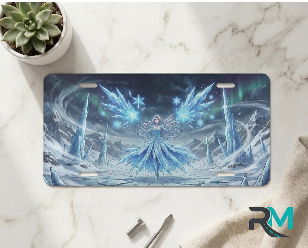 ice sorceress vanity plate on marble surface — luminous ice blue crystalline spires decorative plate