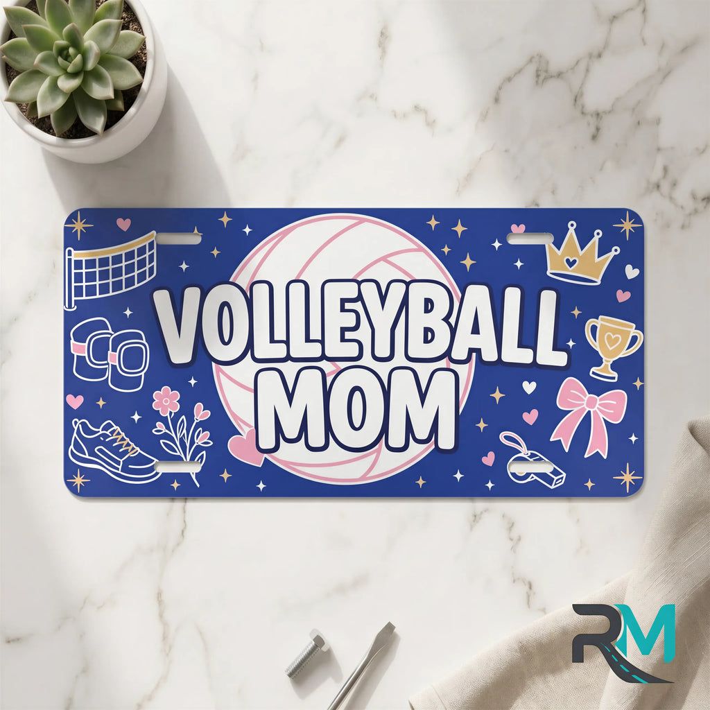 volleyball mom vanity plate on marble surface — navy pink volleyball decorative license plate