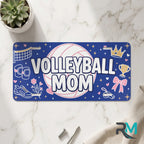 volleyball mom vanity plate on marble surface — navy pink volleyball decorative license plate