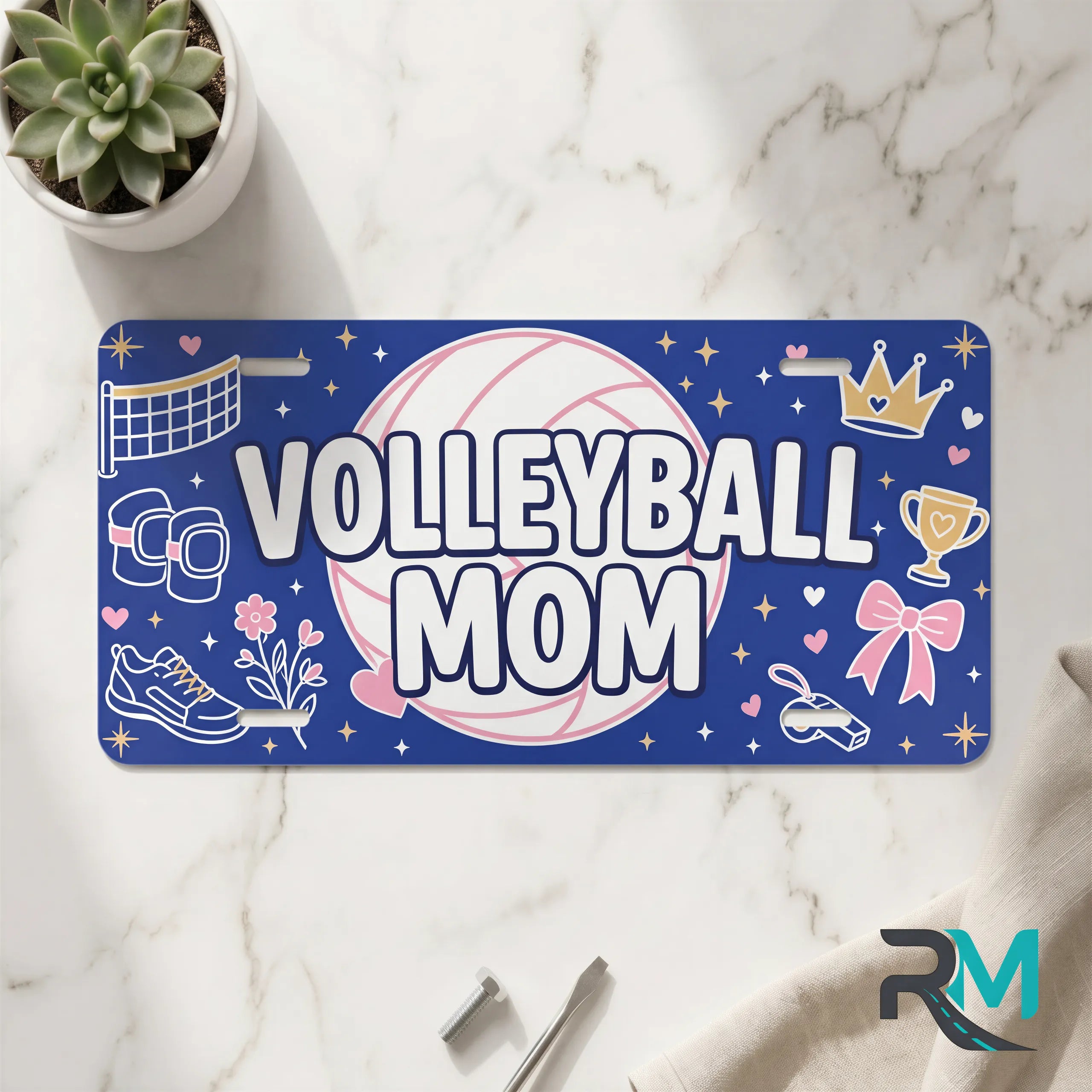 volleyball mom vanity plate on marble surface — navy pink volleyball decorative license plate