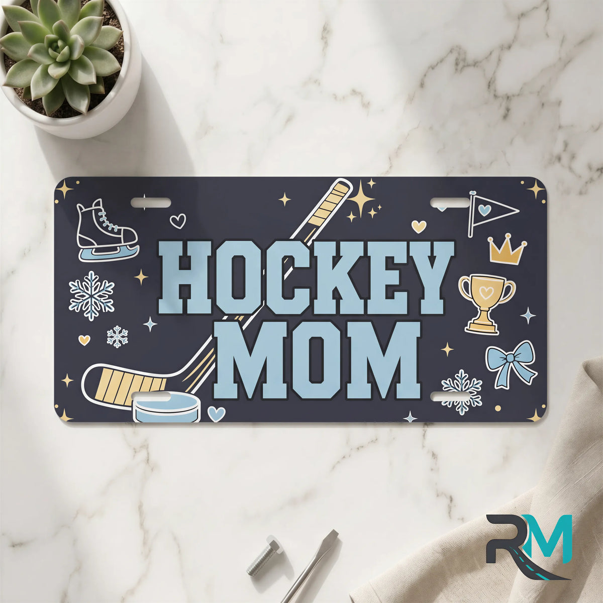 hockey mom vanity plate on marble surface — navy hockey stick decorative plate