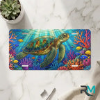 sea turtle vanity plate on marble surface — vivid ocean blue coral reef decorative plate