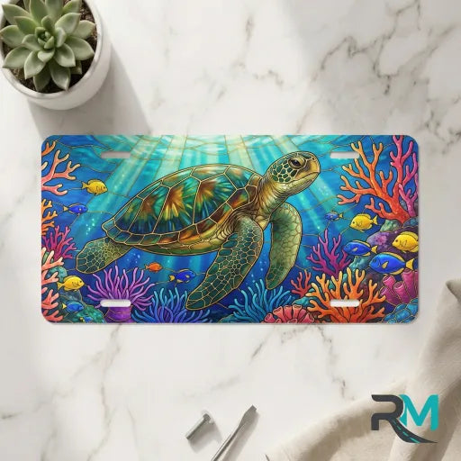 sea turtle vanity plate on marble surface — vivid ocean blue coral reef decorative plate