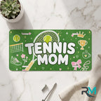 tennis mom vanity plate on marble surface — fresh green tennis racket decorative plate