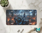 cyberpunk mech vanity plate on marble surface — electric blue armored mech city decorative plate
