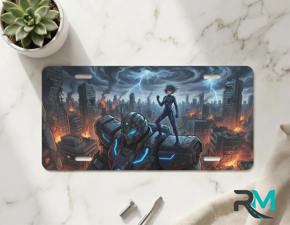 cyberpunk mech vanity plate on marble surface — electric blue armored mech city decorative plate