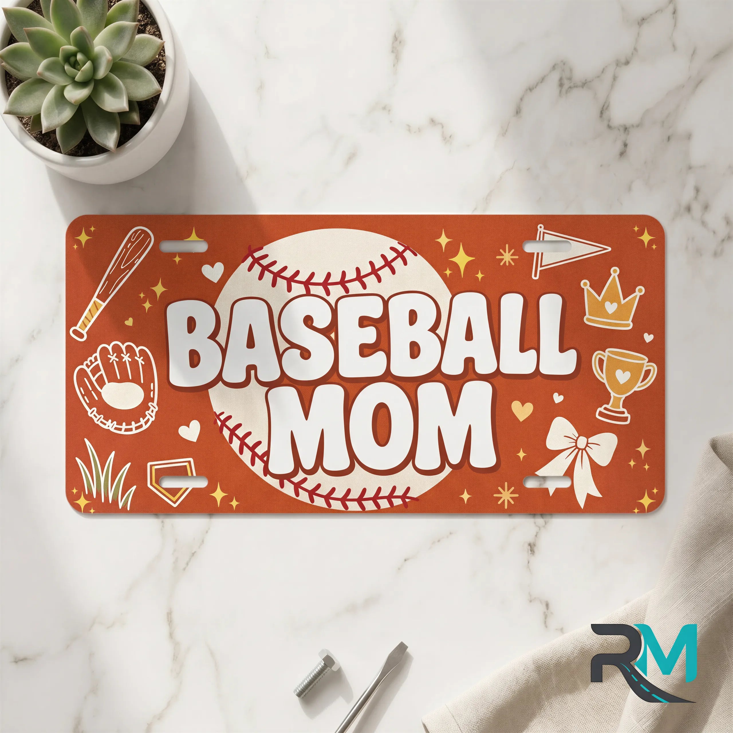 baseball mom vanity plate on marble surface — baseball bat glove decorative plate