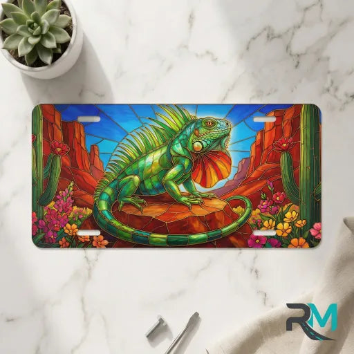 green iguana vanity plate on marble surface — jewel green iguana desert canyon decorative plate