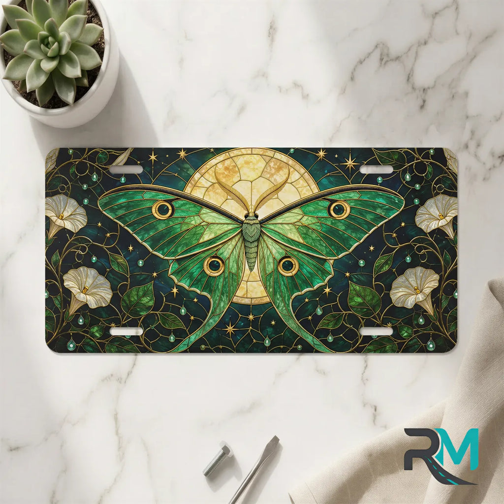 luna moth vanity plate on marble surface — emerald luna moth midnight filigree decorative plate