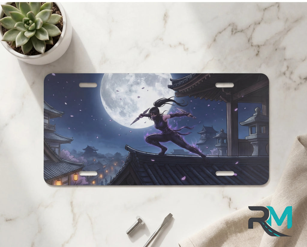 moonlit ninja vanity plate on marble surface — glowing moon midnight ninja cherry blossoms decorative plate
