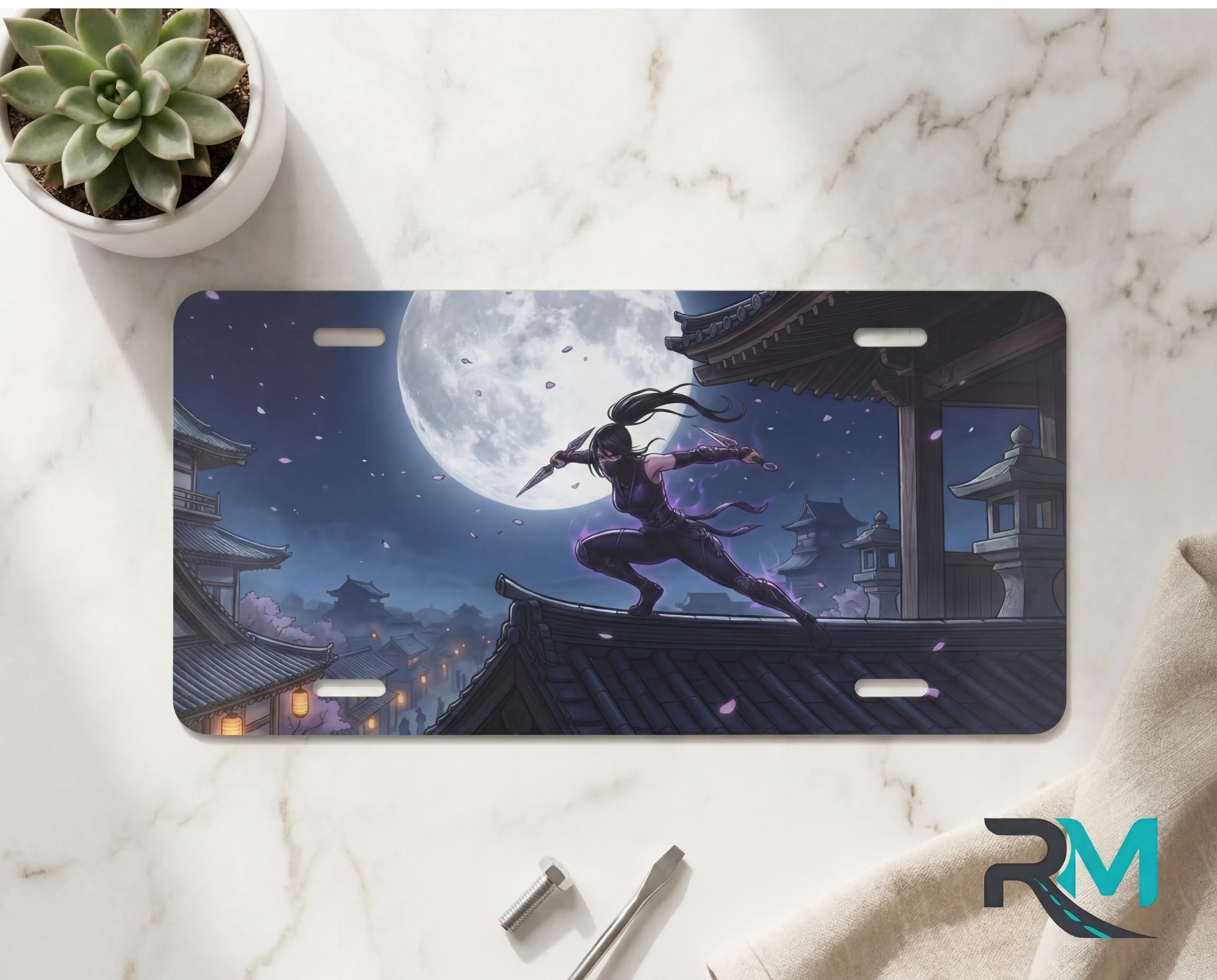 moonlit ninja vanity plate on marble surface — glowing moon midnight ninja cherry blossoms decorative plate