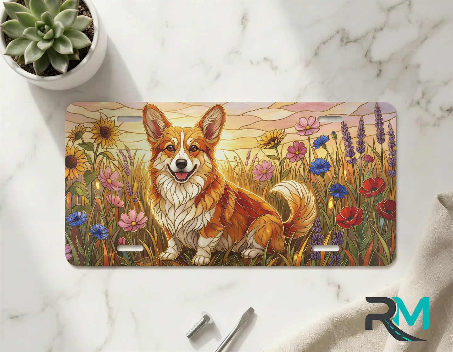 corgi wildflower vanity plate on marble surface — soft gold pink corgi meadow decorative plate