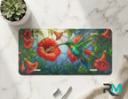 hummingbird hibiscus vanity plate on marble surface — vivid red emerald tropical decorative plate