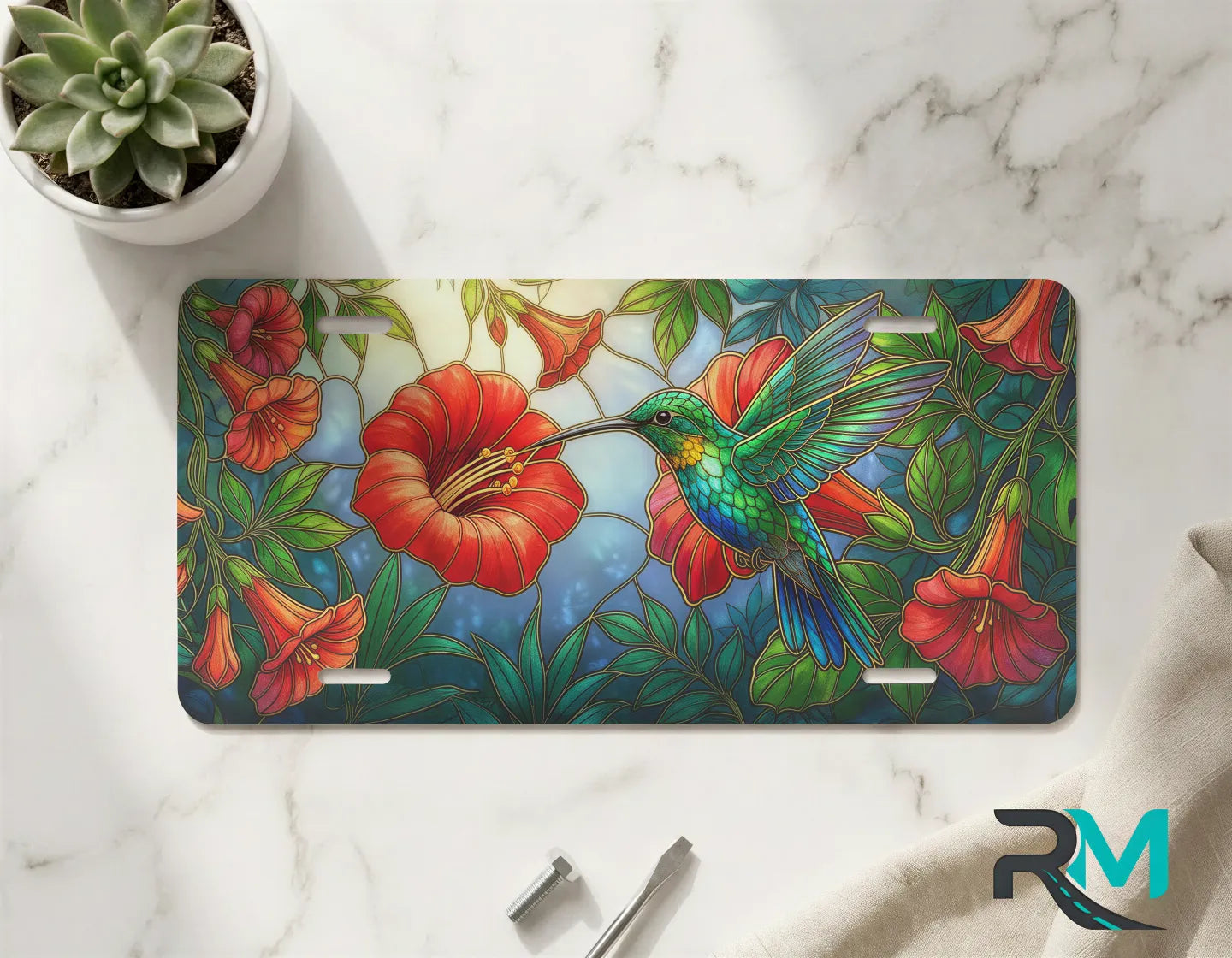 hummingbird hibiscus vanity plate on marble surface — vivid red emerald tropical decorative plate