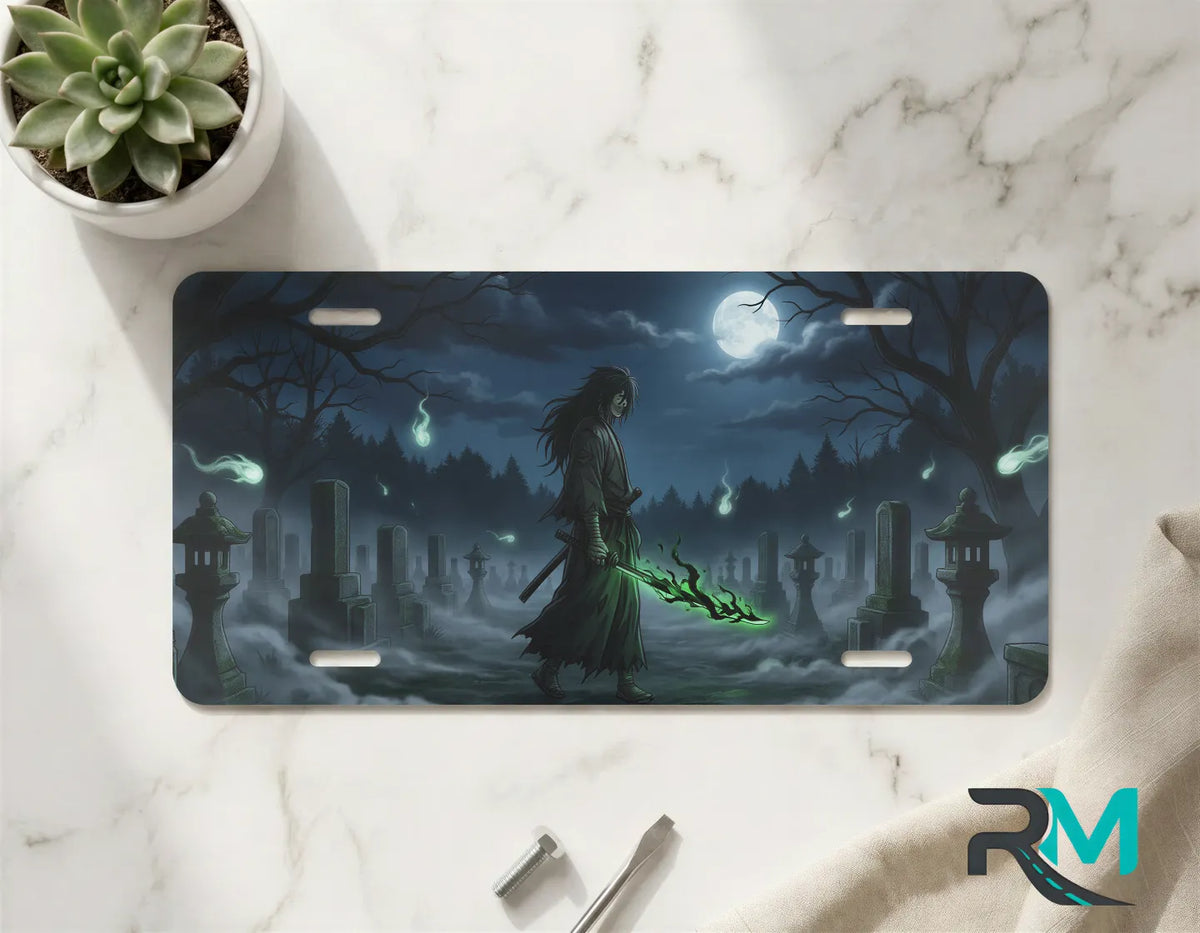 grim reaper vanity plate on marble surface — deep blue reaper spectral green cemetery decorative plate