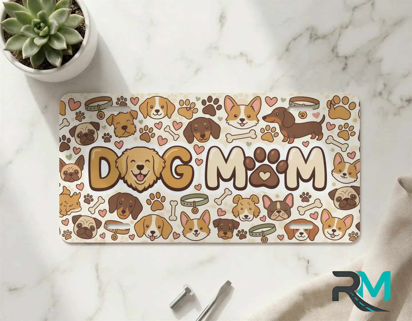 dog mom vanity plate on marble surface — paw print puppy decorative license plate