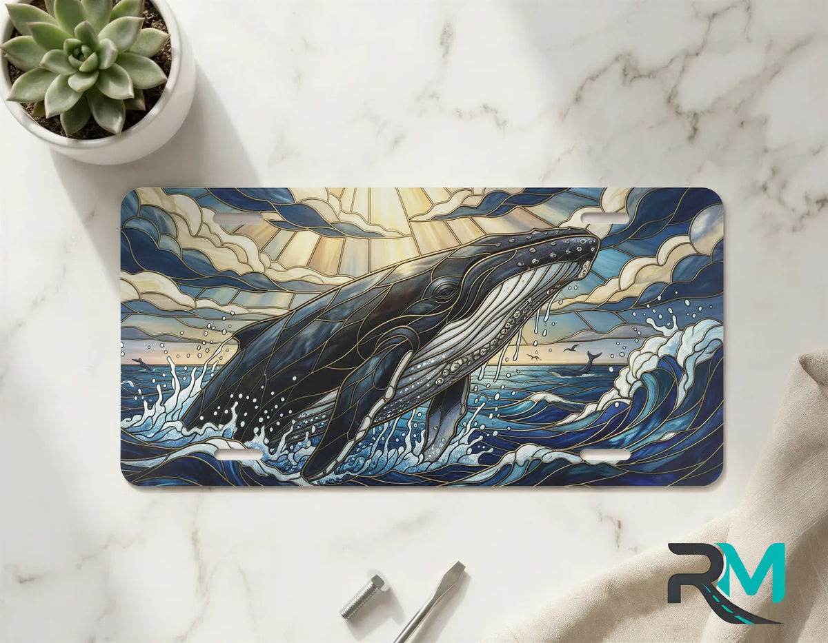 majestic whale vanity plate on marble surface — deep ocean blue gold decorative whale plate