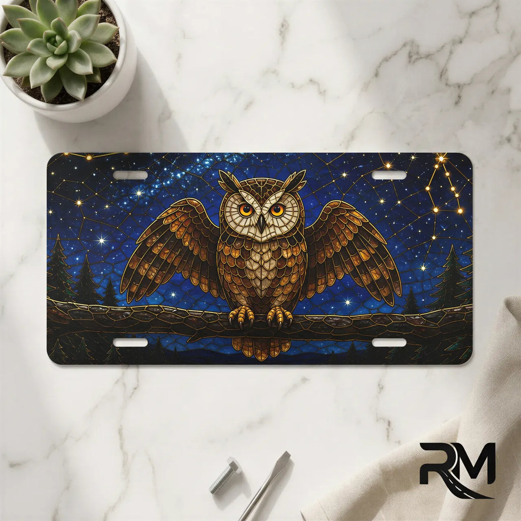 owl constellation vanity plate on marble surface — midnight owl moonlit branch stars decorative plate