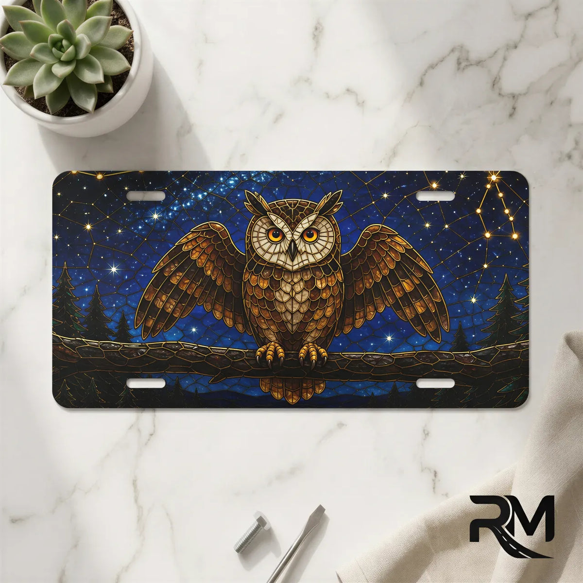 owl constellation vanity plate on marble surface — midnight owl moonlit branch stars decorative plate