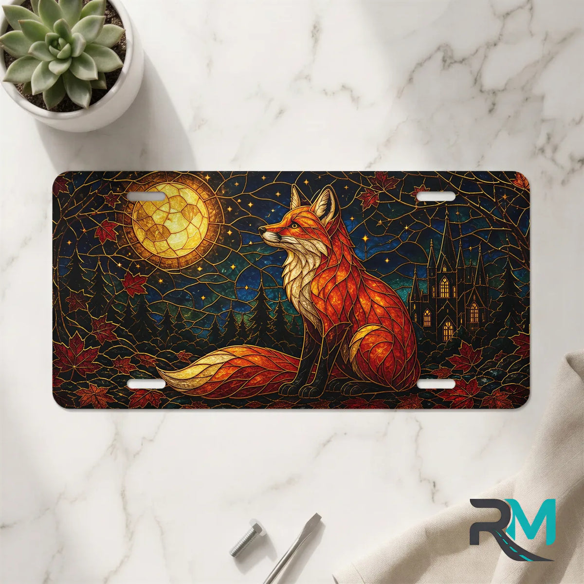 fox moon vanity plate on marble surface — jewel tone fox glowing moon autumn decorative plate