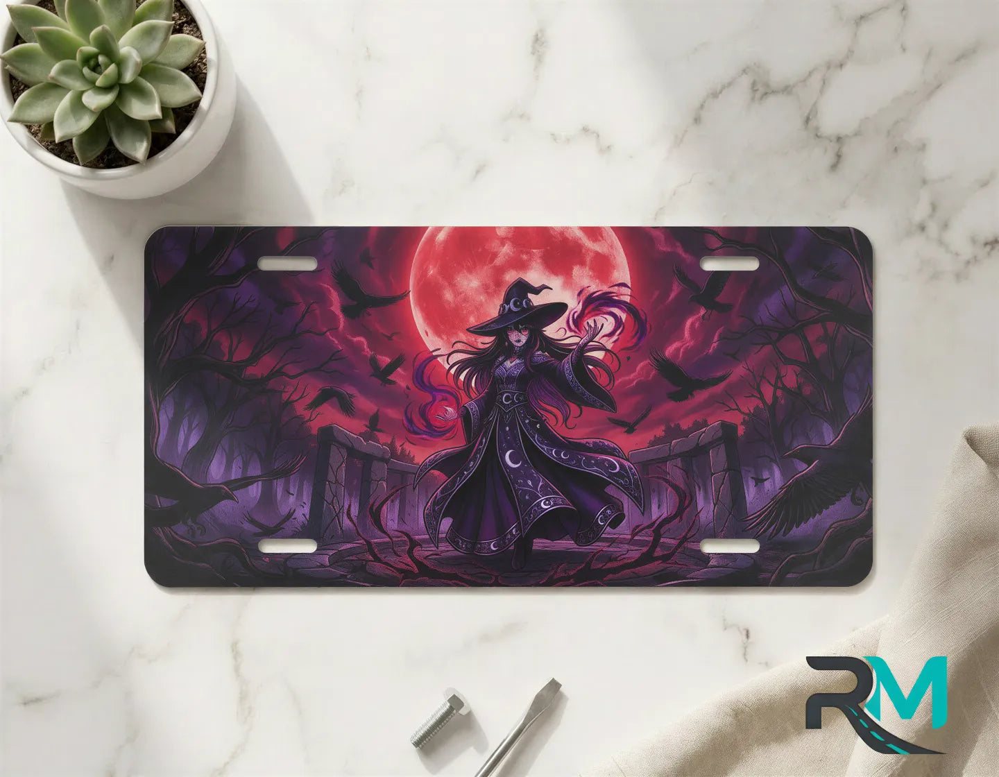 witch silhouette vanity plate on marble surface — jewel purple witch blood-red moon decorative plate
