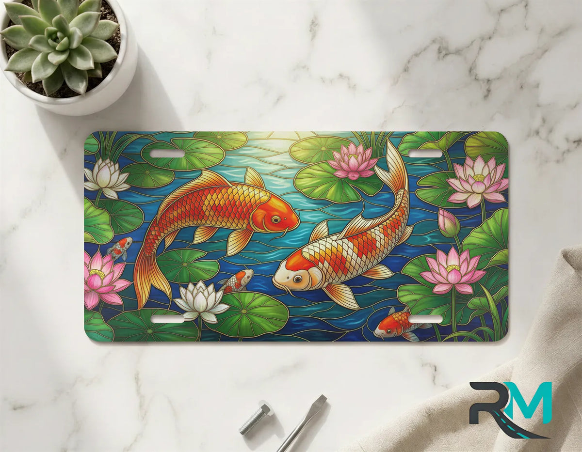 koi fish vanity plate on marble surface — vivid orange aqua koi pond decorative plate