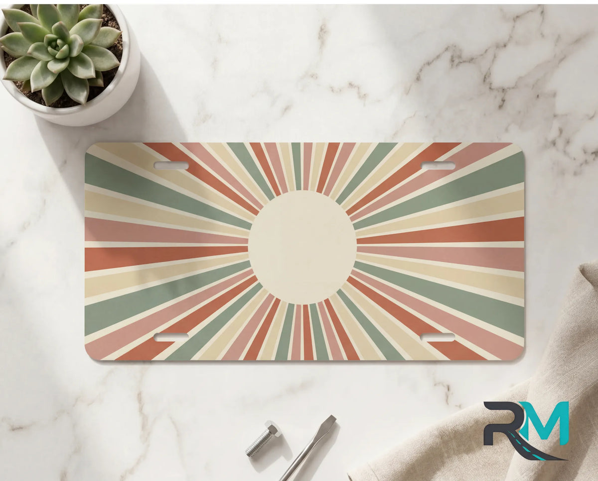 retro earth tone vanity plate on marble surface — soft terracotta mustard decorative license plate