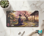 geisha tea ceremony vanity plate on marble surface — soft pink sakura kimono lantern decorative plate