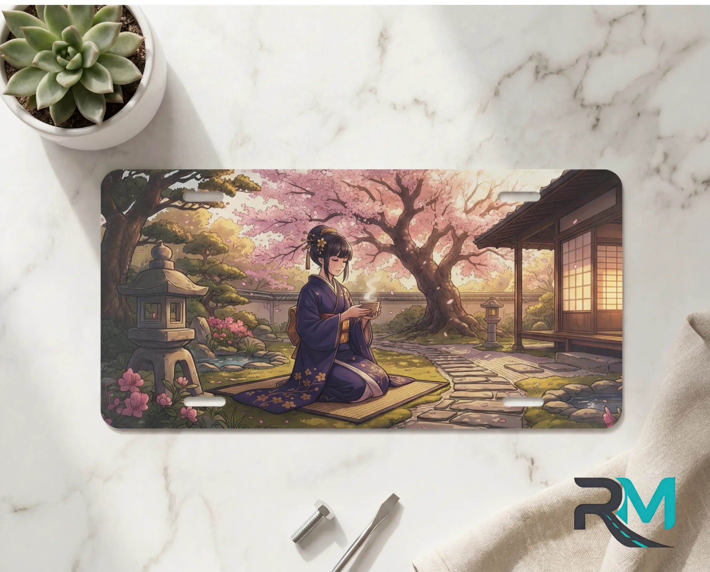 geisha tea ceremony vanity plate on marble surface — soft pink sakura kimono lantern decorative plate