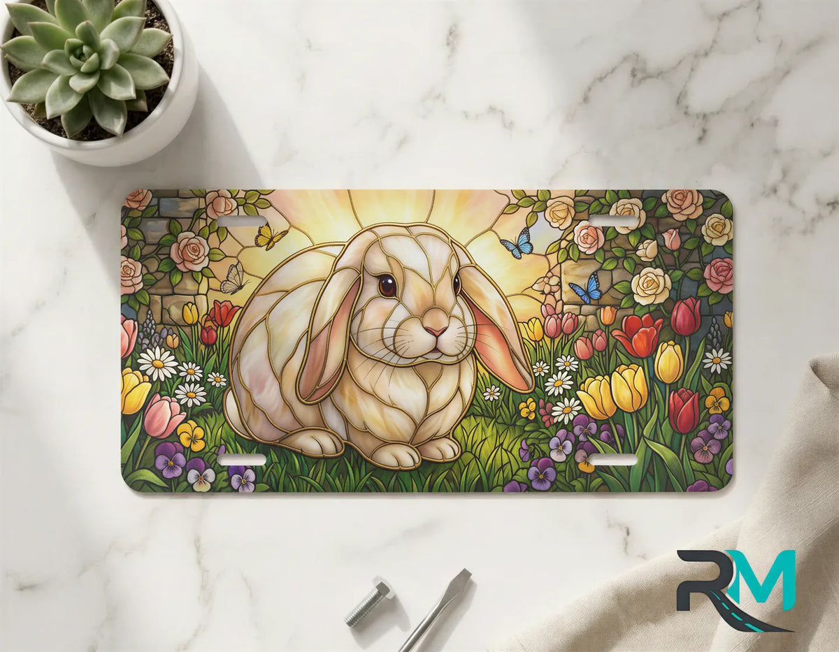 stained glass bunny vanity plate on marble surface — soft pastel rabbit tulip rose decorative plate