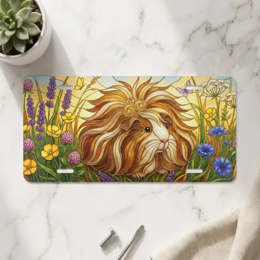guinea pig meadow vanity plate on marble surface — fluffy guinea pig wildflower decorative plate