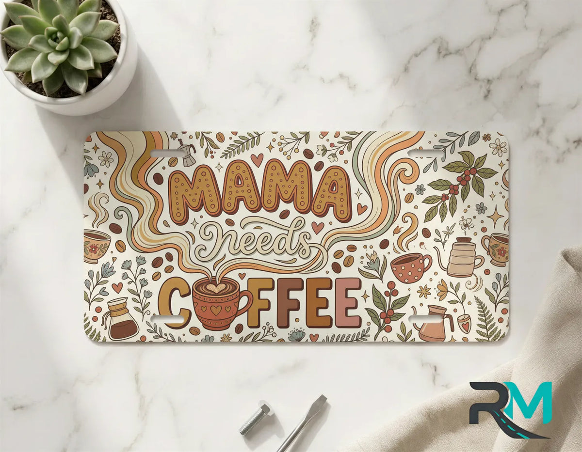 mama needs coffee vanity plate on marble surface — warm brown cream decorative coffee plate