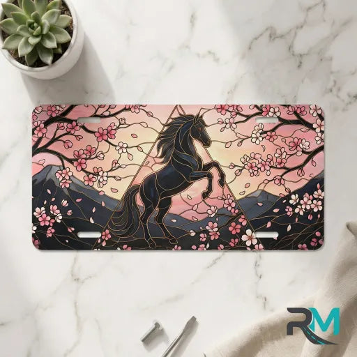black unicorn vanity plate on marble surface — midnight black unicorn cherry blossom decorative plate