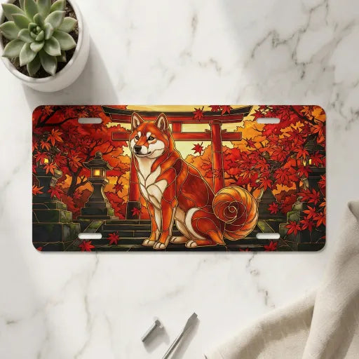 autumn fox torii vanity plate on marble surface — vermillion torii fox amber maple decorative plate