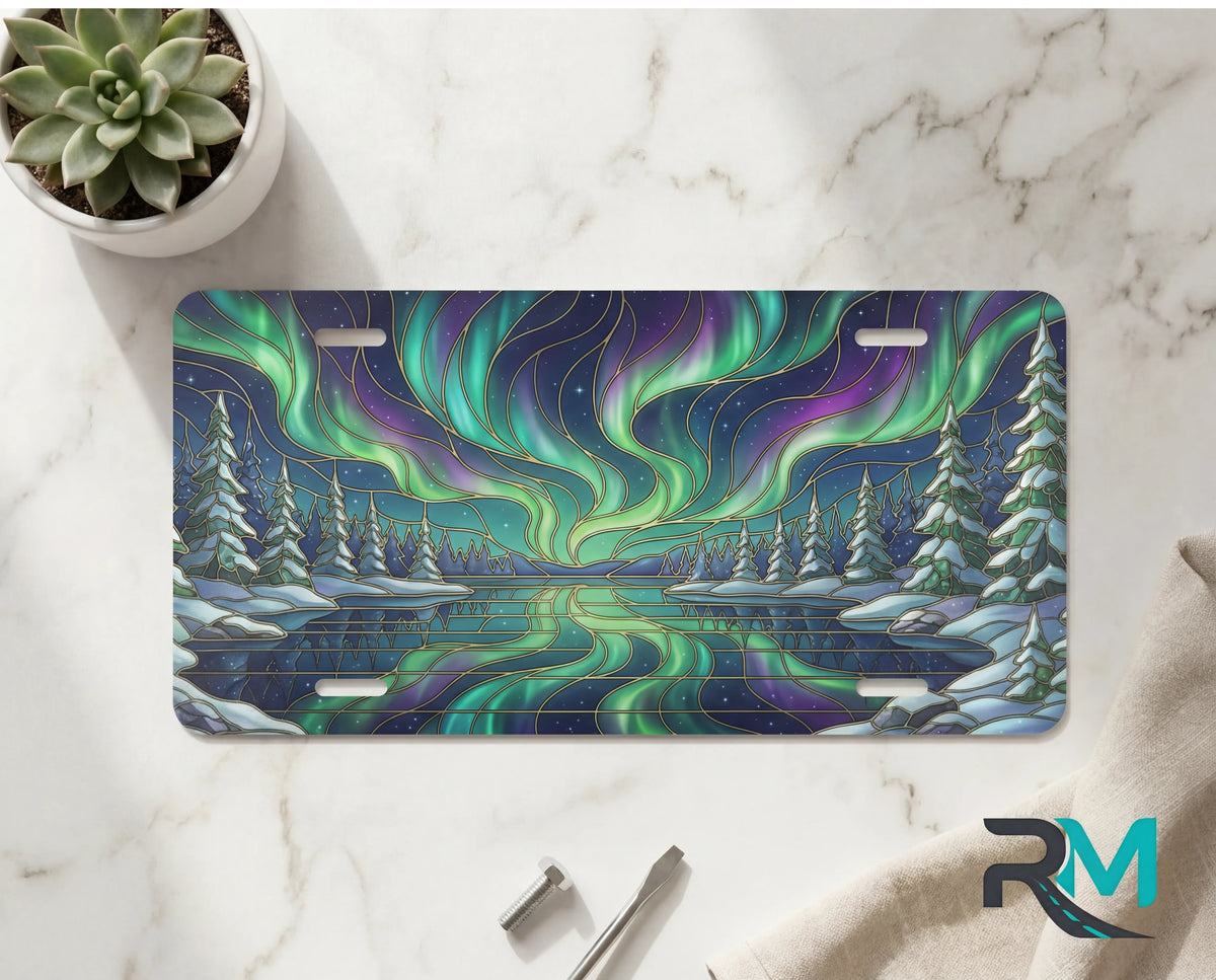 northern lights aurora vanity plate on marble surface — vivid emerald violet aurora winter lake decorative plate