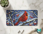 cardinal snowy branch vanity plate on marble surface — vivid red winter bird decorative plate