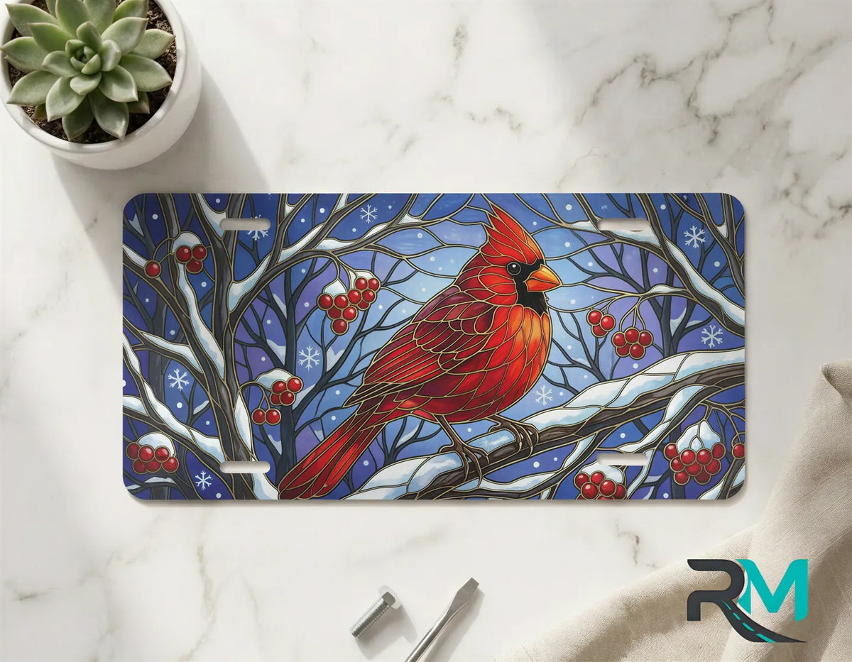 cardinal snowy branch vanity plate on marble surface — vivid red winter bird decorative plate