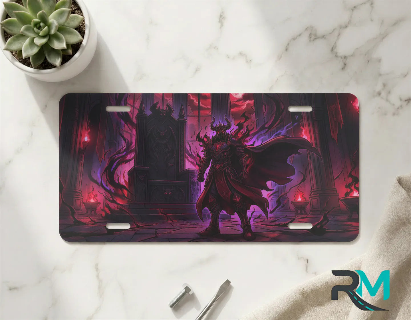 dark demon lord vanity plate on marble surface — deep crimson violet demon lord decorative plate