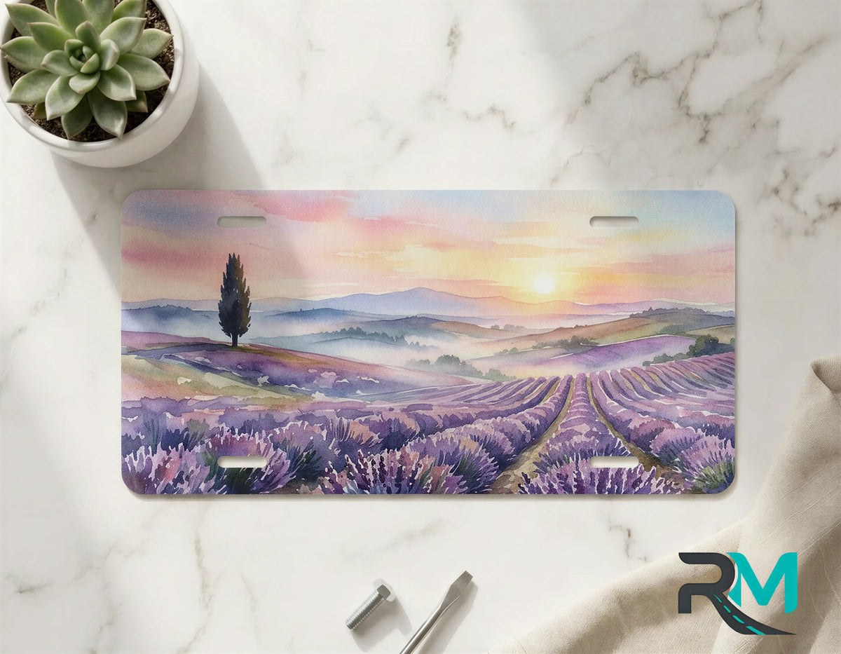 lavender field vanity plate on marble surface — soft violet and gold watercolor art print