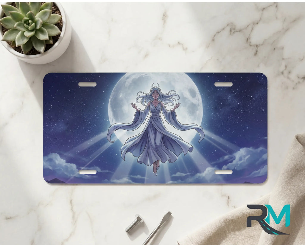 moonlit maiden vanity plate on marble surface — soft indigo robed figure lunar clouds decorative plate
