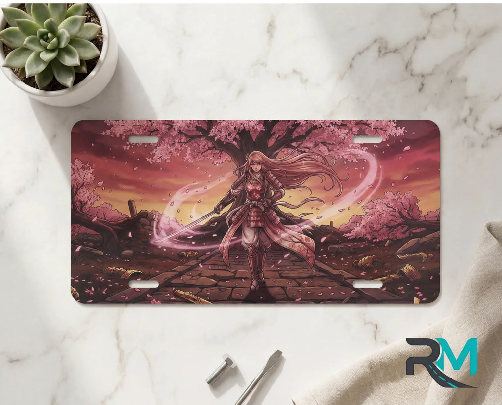 samurai girl vanity plate on marble surface — warm sunset pink sakura warrior decorative plate