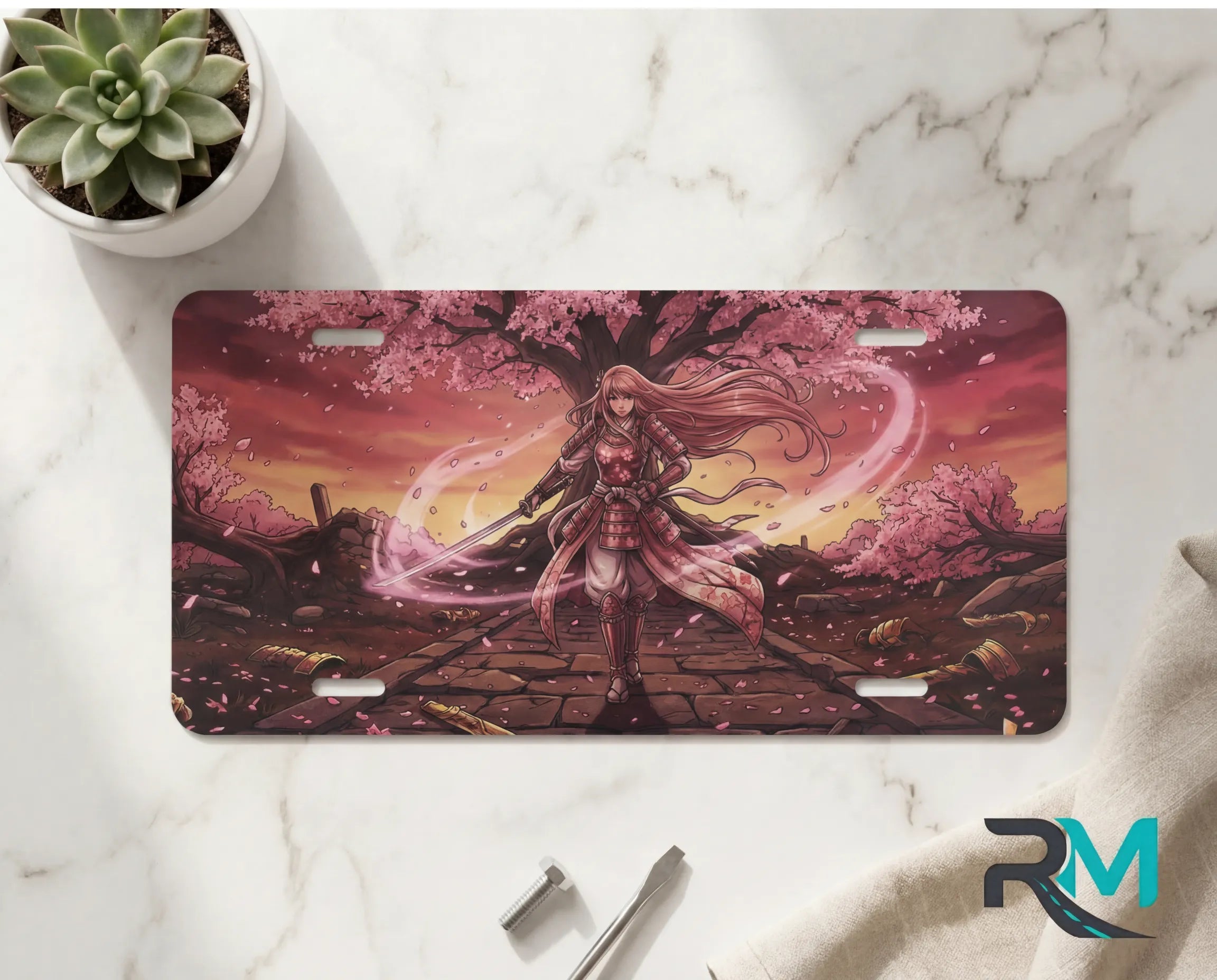 samurai girl vanity plate on marble surface — warm sunset pink sakura warrior decorative plate