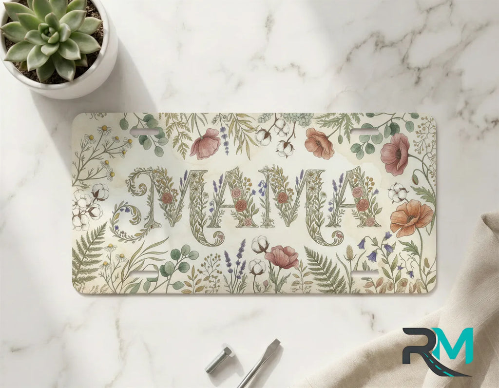 mom life vanity plate on marble surface — simple clean decorative license plate