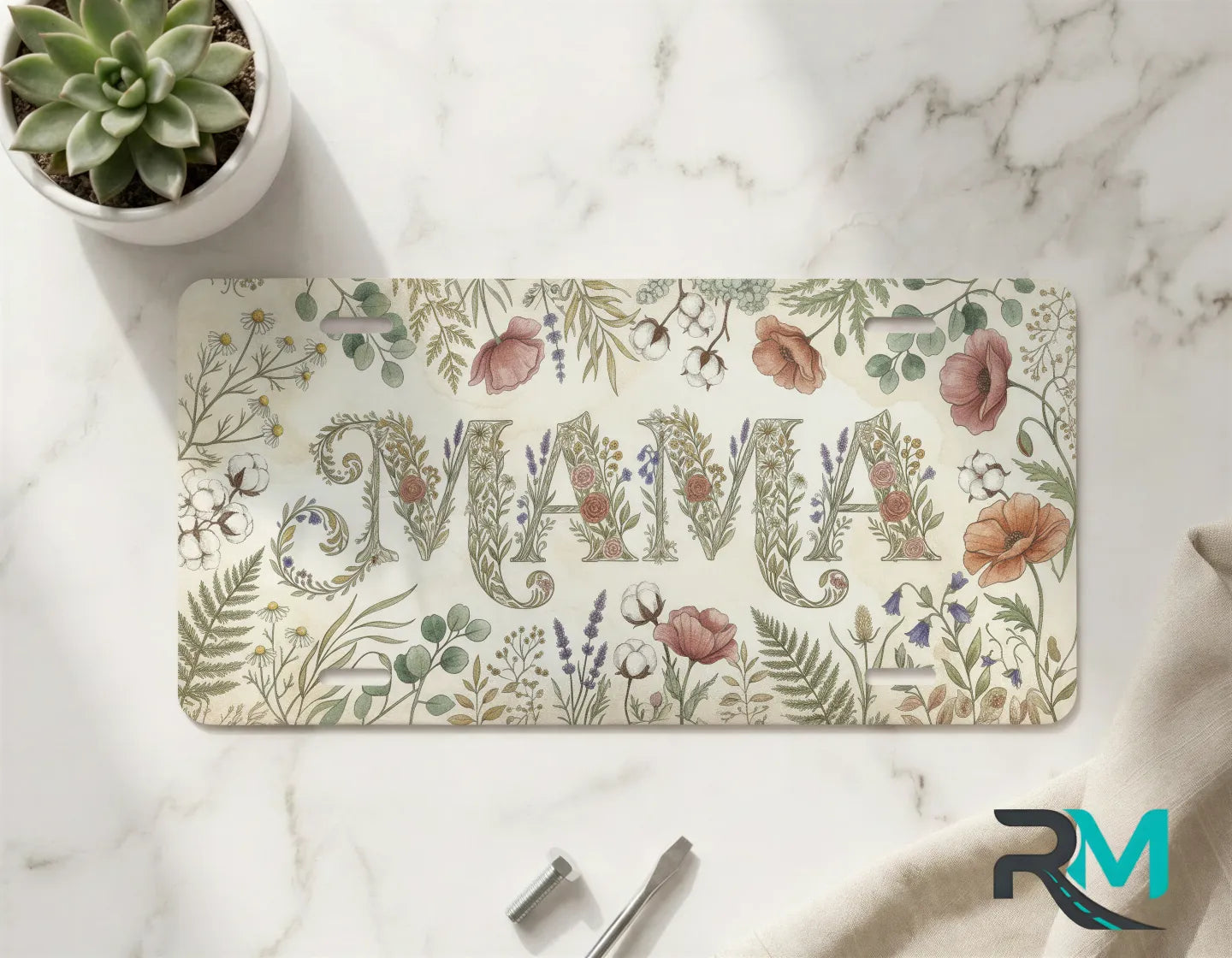 mom life vanity plate on marble surface — simple clean decorative license plate